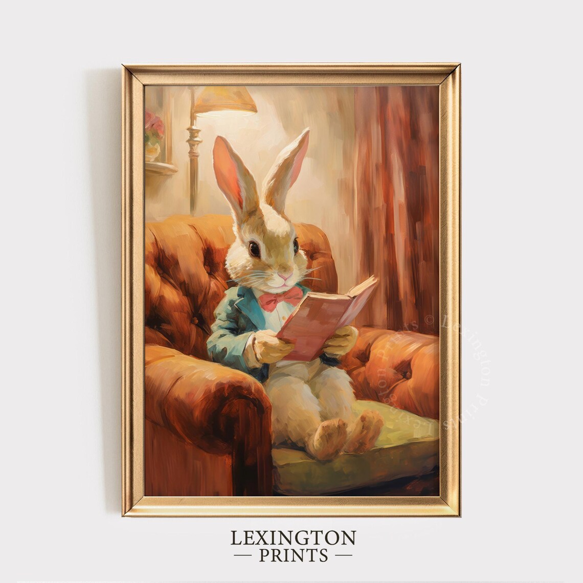 Dapper Rabbit Reading a Book in Leather Armchair Vintage Storybook Poster - Image 6