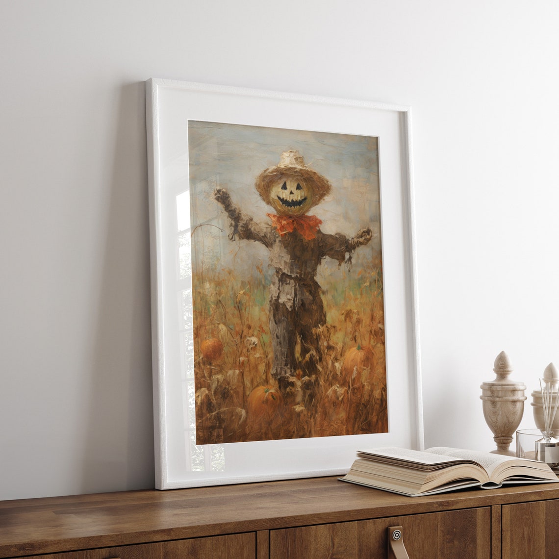 Scarecrow with Jack O Lantern Head in Pumpkin Field Fall Poster - Image 7