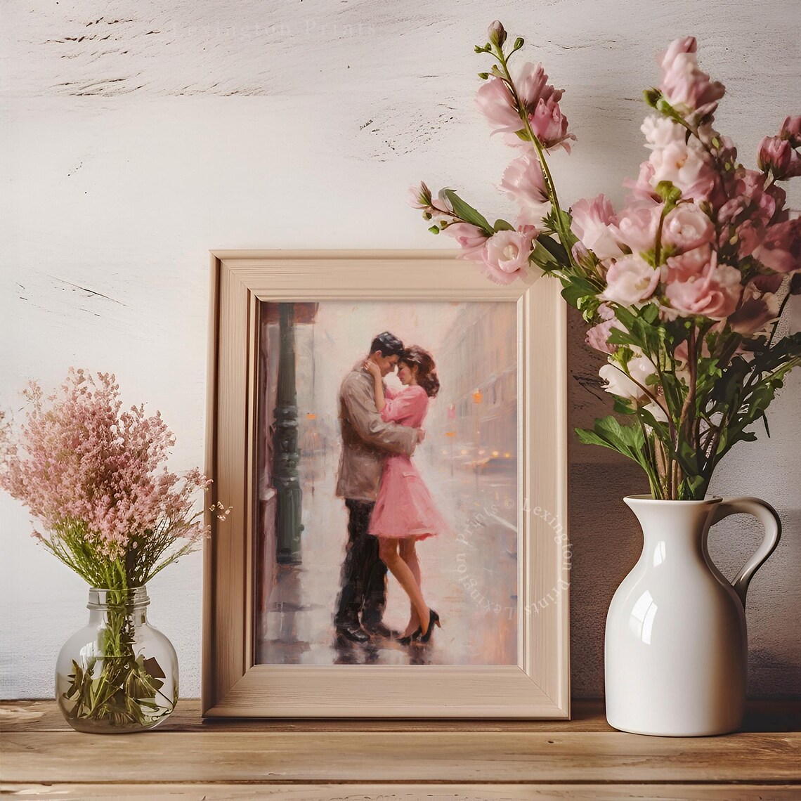 Romantic Couple Embracing in Rainy City Street Love Painting Print - Image 3