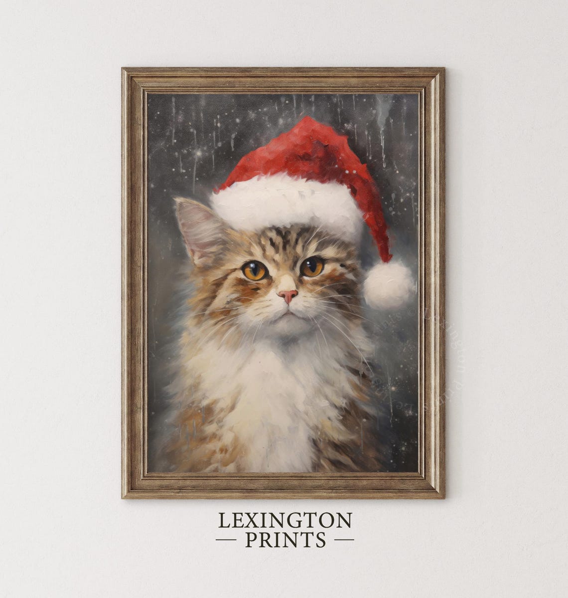 Fluffy Tabby Cat Wearing Santa Hat Snow Portrait Christmas Pet Poster - Image 2