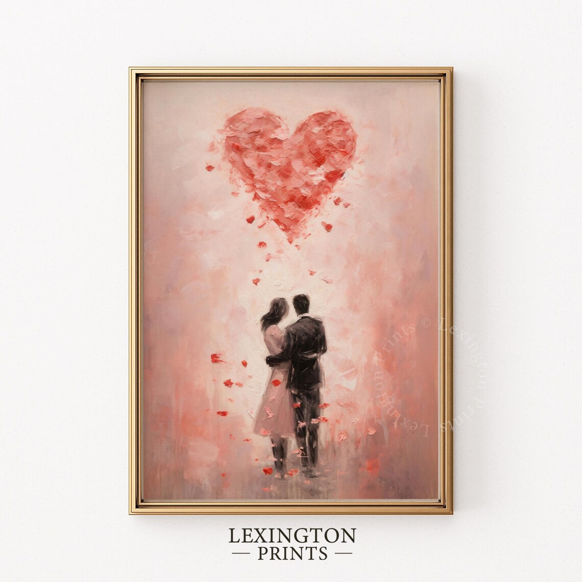 Embracing Couple Beneath Heart of Rose Petals Romantic Art Print - Image 6