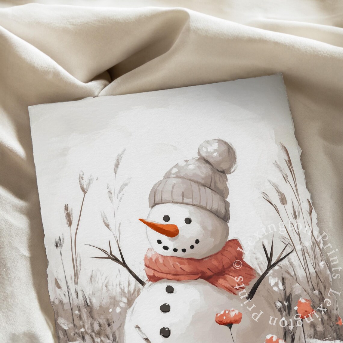 Neutral Snowman with Coral Scarf in Winter Field Christmas Wall Art - Image 8