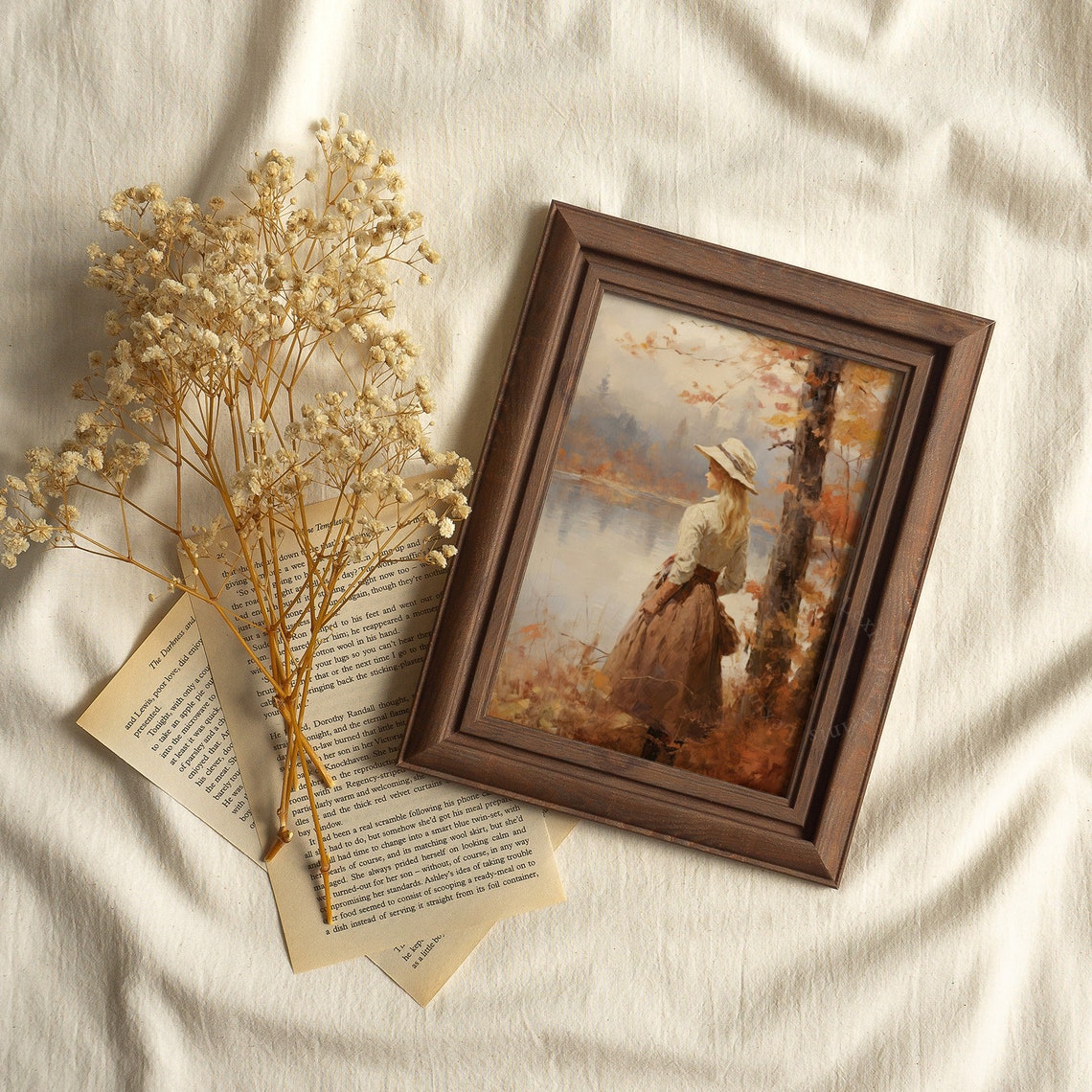 Woman in a Hat by an Autumn Lake Vintage Fall Painting Poster - Image 6