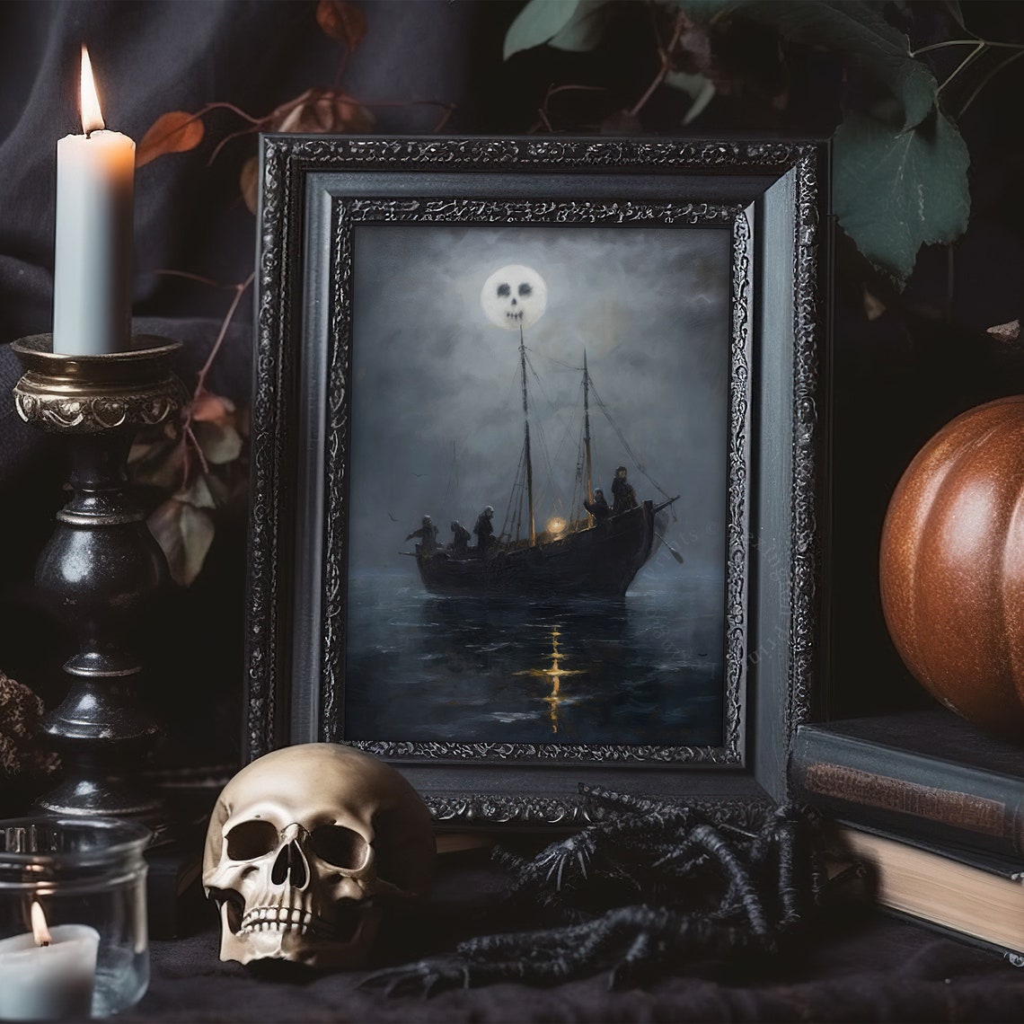 Ghost Ship Sailing Under Skull Moon Dark Spooky Halloween Poster - Image 7