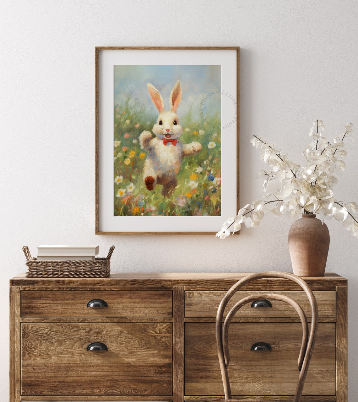 Cute Easter Bunny Red Bow Tie Wildflower Meadow Spring Nursery Poster - Image 7