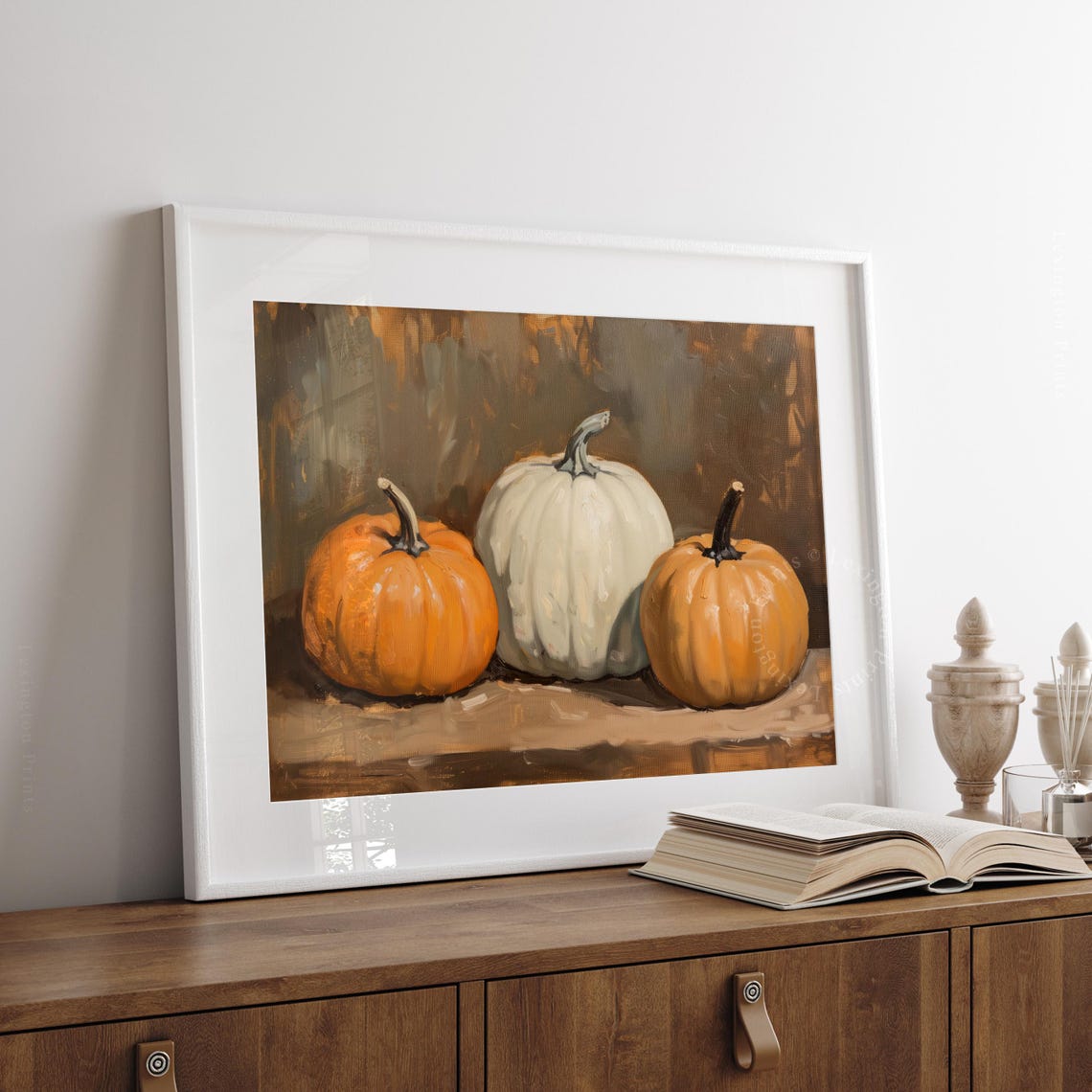 Three Orange and White Pumpkins Still Life Oil Painting Fall Poster - Image 7