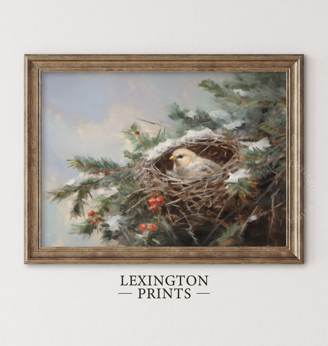 Tiny Cream Bird Resting In Snowy Pine Nest With Red Berries Poster
