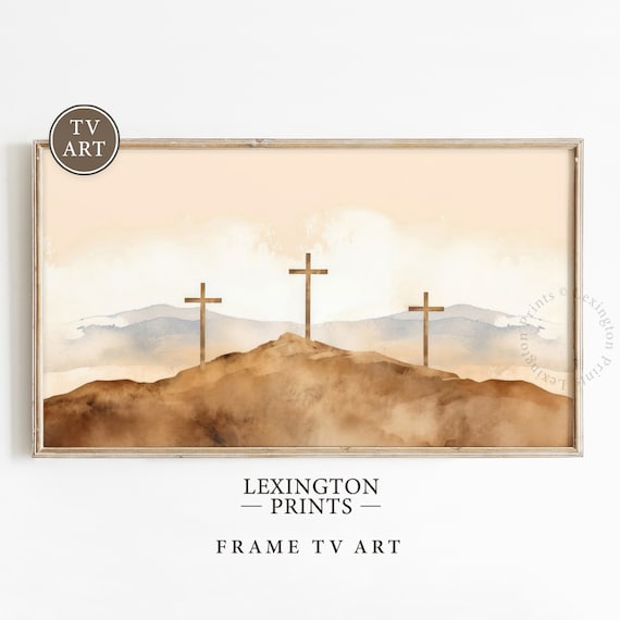 Three Wooden Crosses On Hill Soft Watercolor Sunrise Frame TV Art Poster