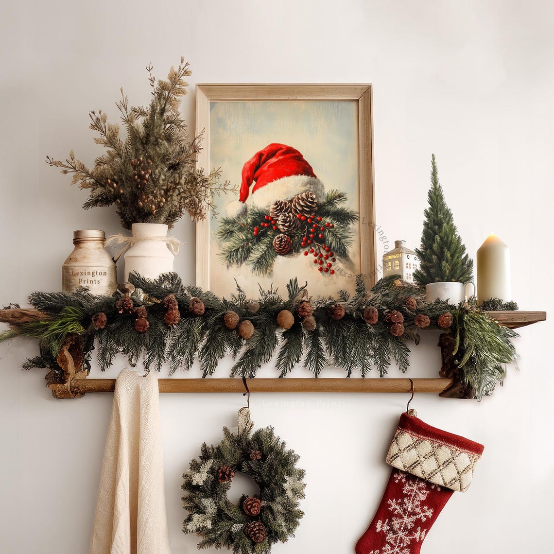 Red Santa Hat with Pinecones and Berries Christmas Decor Poster - Image 7