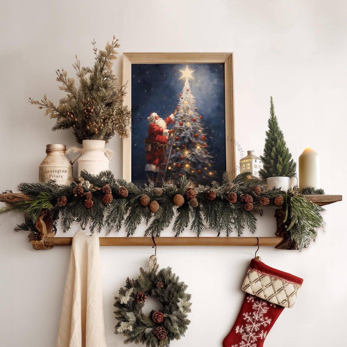 Santa Claus Decorating White Christmas Tree Night Scene Holiday Poster - Image 7