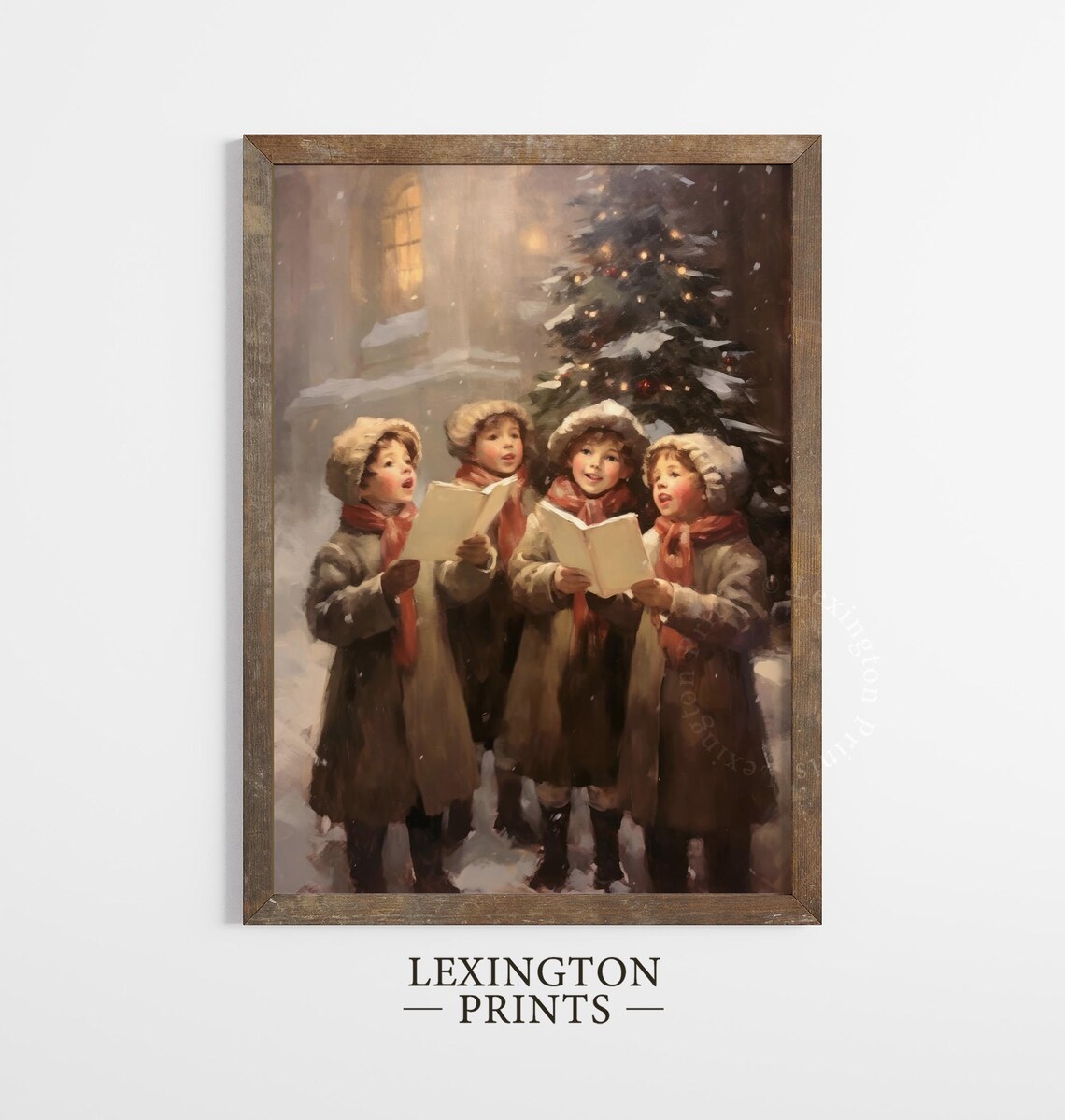 Children Caroling in Snow Night Vintage Christmas Choir Scene Poster - Image 2