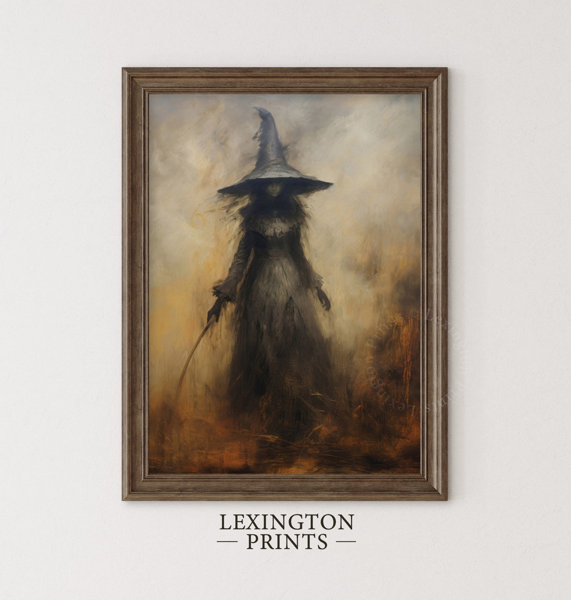 Shadowy Tall-Hatted Witch Walking Through Misty Golden Field Poster - Image 3