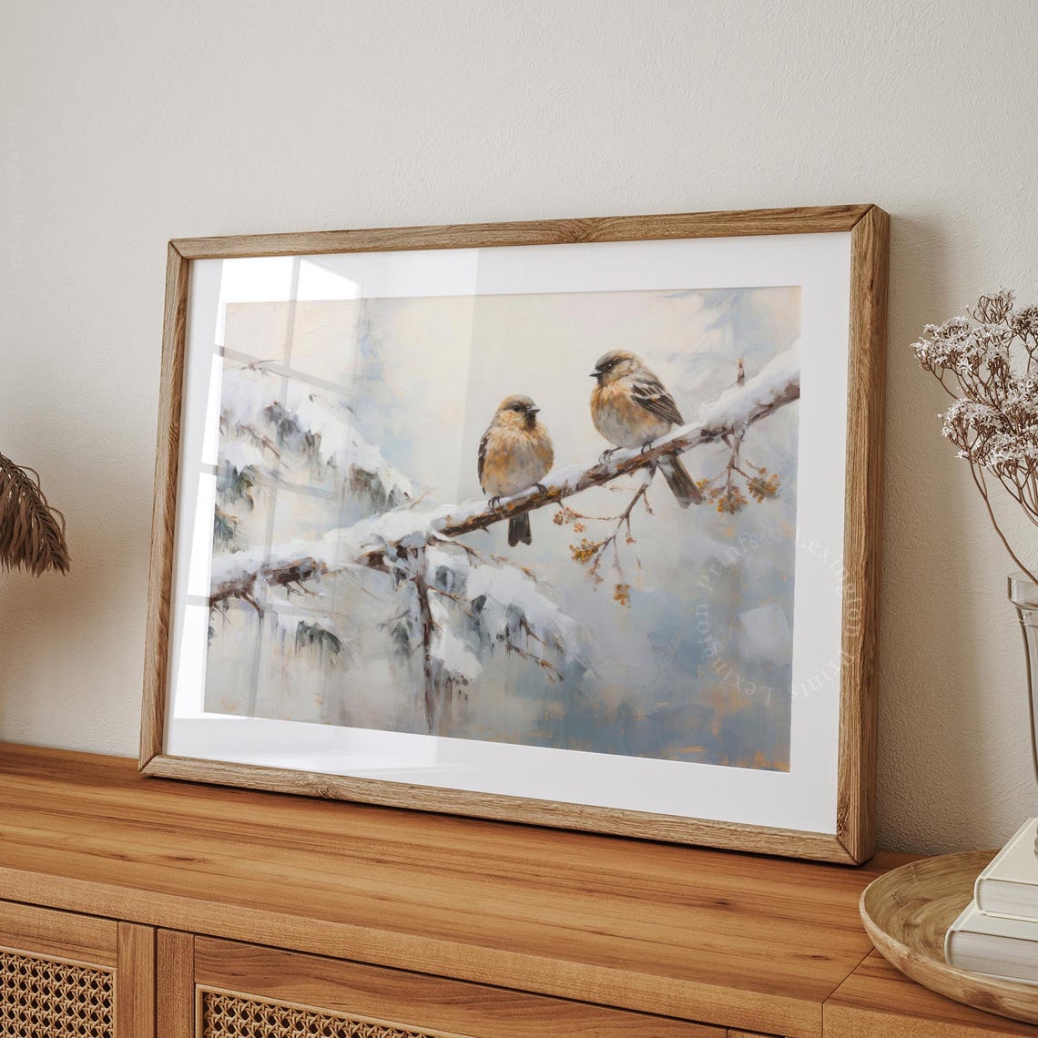 Two Fluffy Songbirds Resting on Snowy Pine Branch Winter Poster - Image 8
