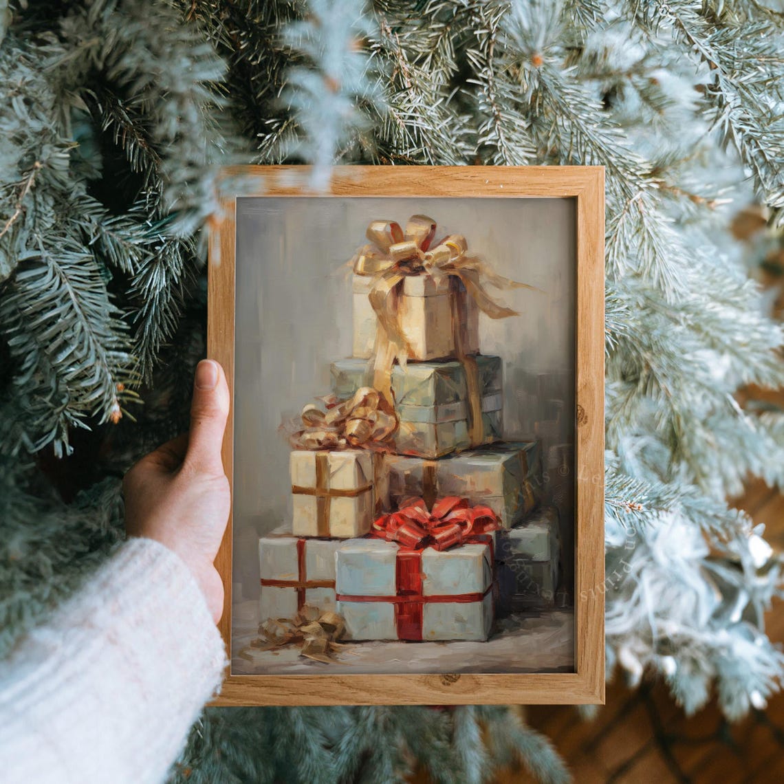 Stack of Elegant Wrapped Gifts Gold Red Ribbons Neutral Holiday Poster - Image 8