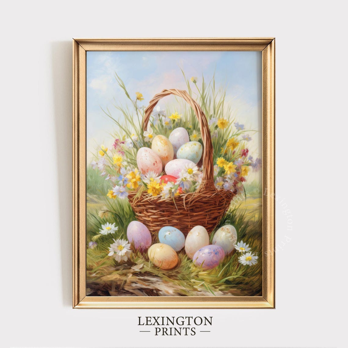 Pastel Easter Eggs in Wicker Basket With Spring Flowers Art Print - Image 6