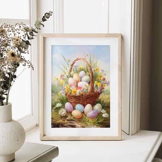 Pastel Easter Eggs in Wicker Basket With Spring Flowers Art Print