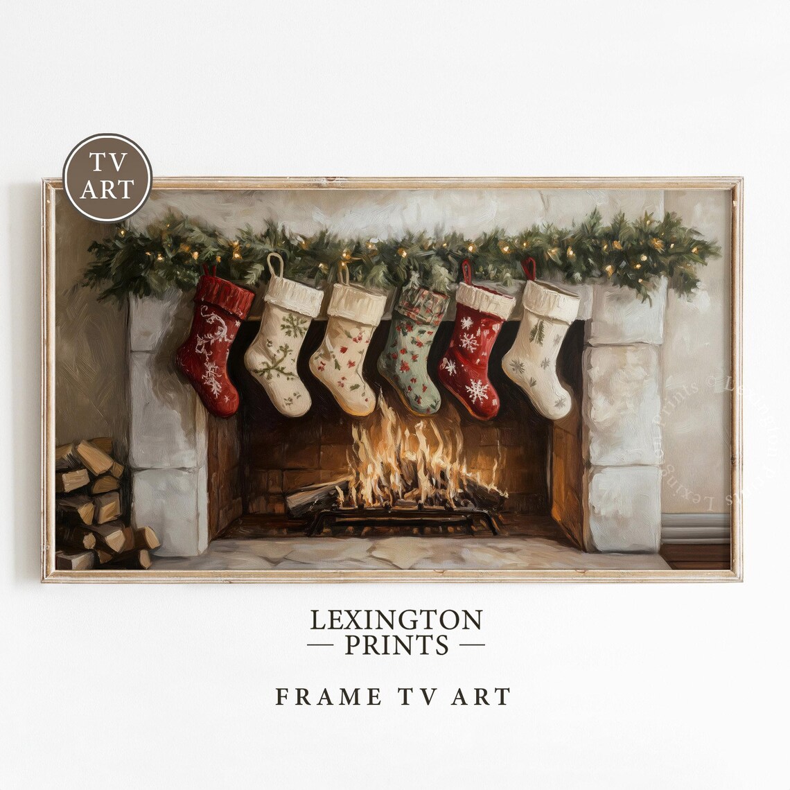 Christmas Stockings on Fireplace Mantel Cozy Holiday Scene Poster