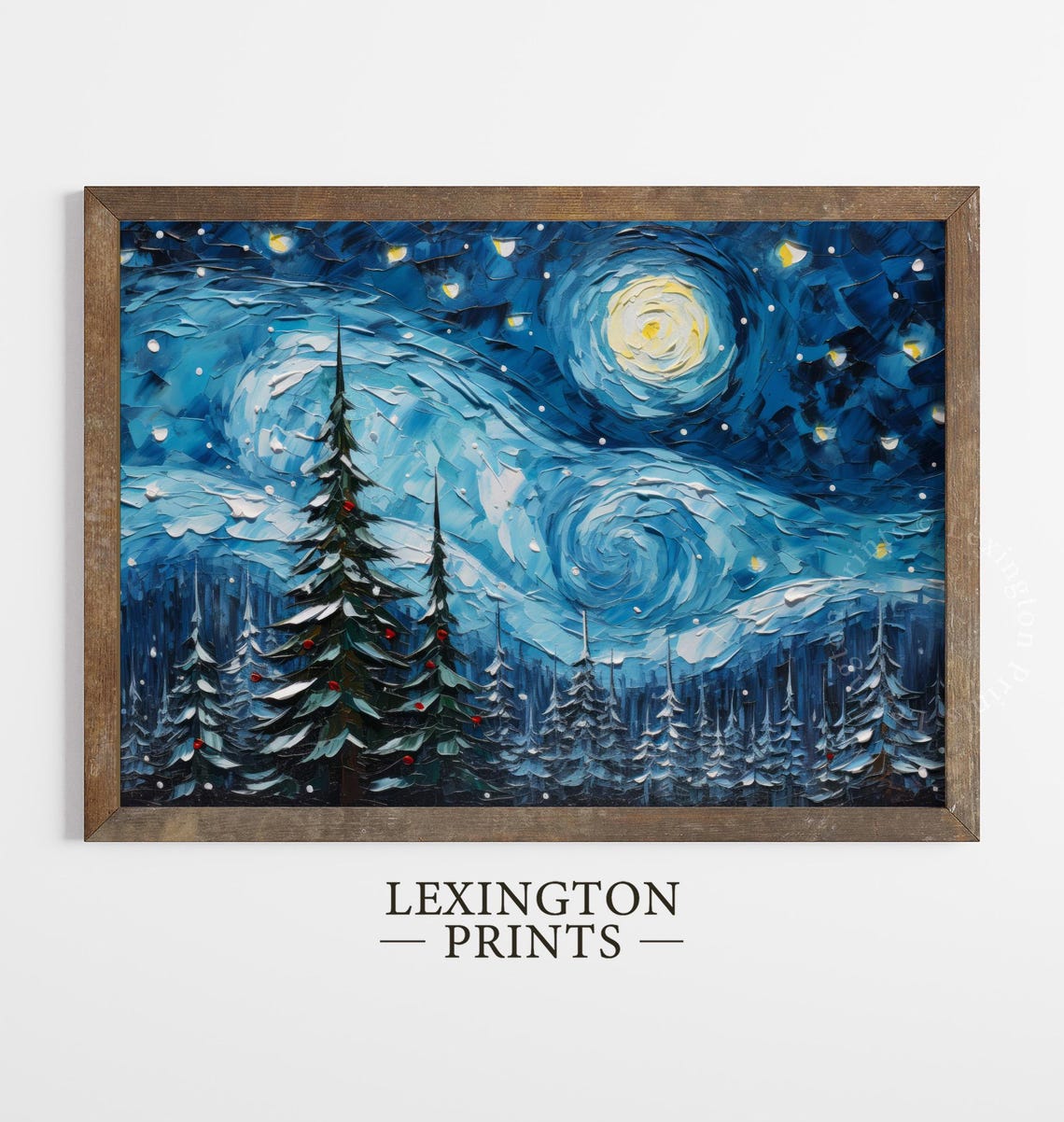 Starry Night Christmas Trees Snowy Forest Swirling Blue Sky Poster - Image 2