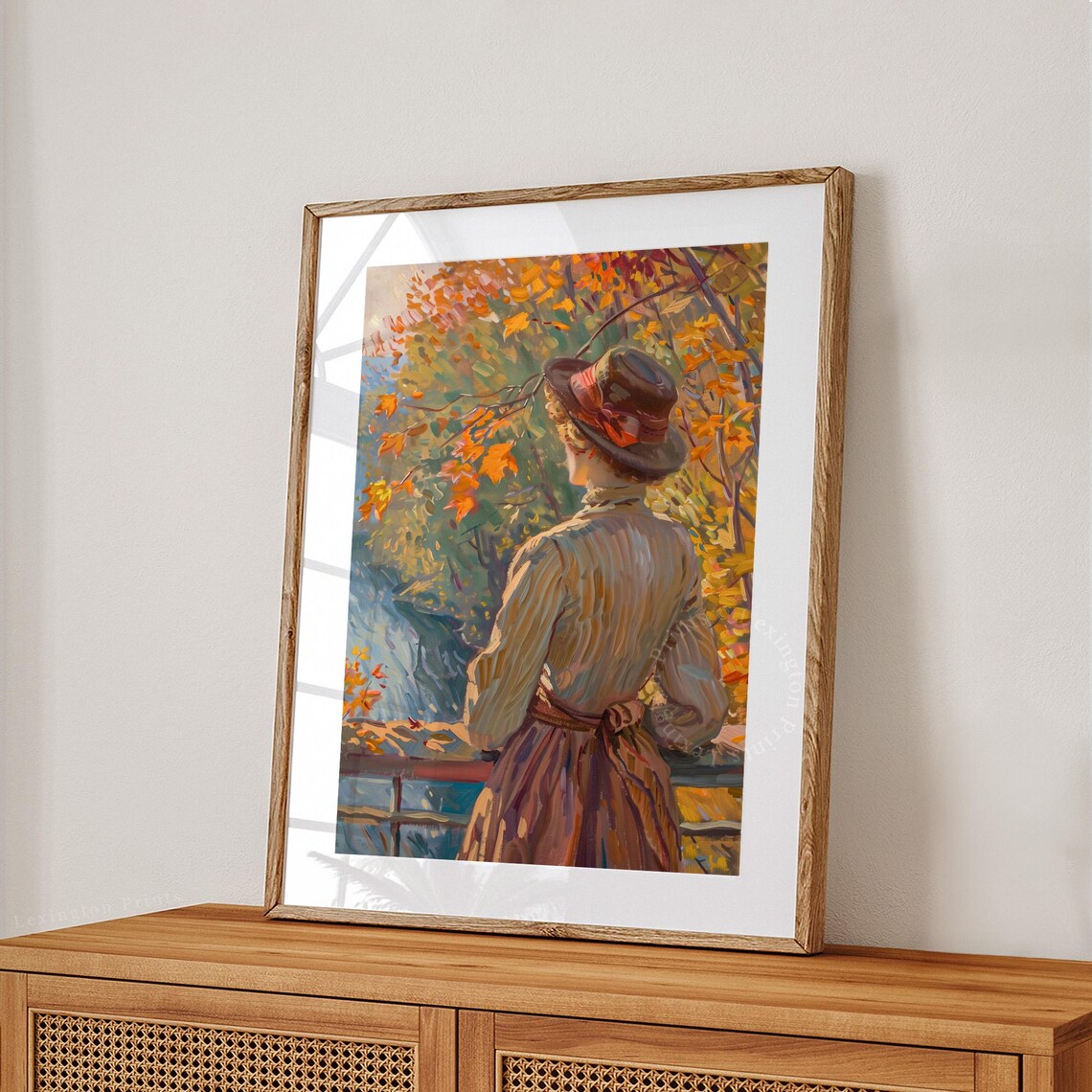 Woman in Hat Gazing at Autumn Waterfall from Behind Scenic Poster - Image 6