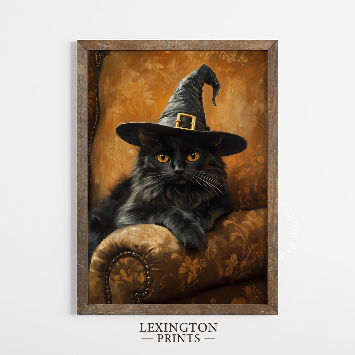 Black Cat Wearing Witch Hat on Velvet Chair Halloween Vintage Wall Art - Image 2