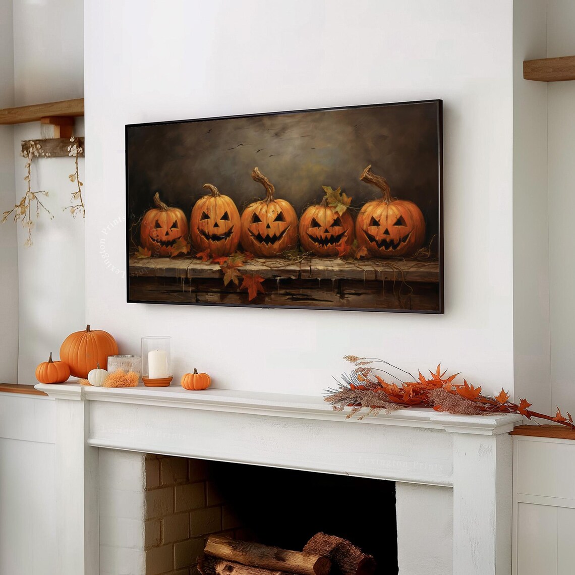 Five Jack O Lanterns Row Carved Pumpkins Wooden Ledge Halloween Frame TV Art Poster - Image 7
