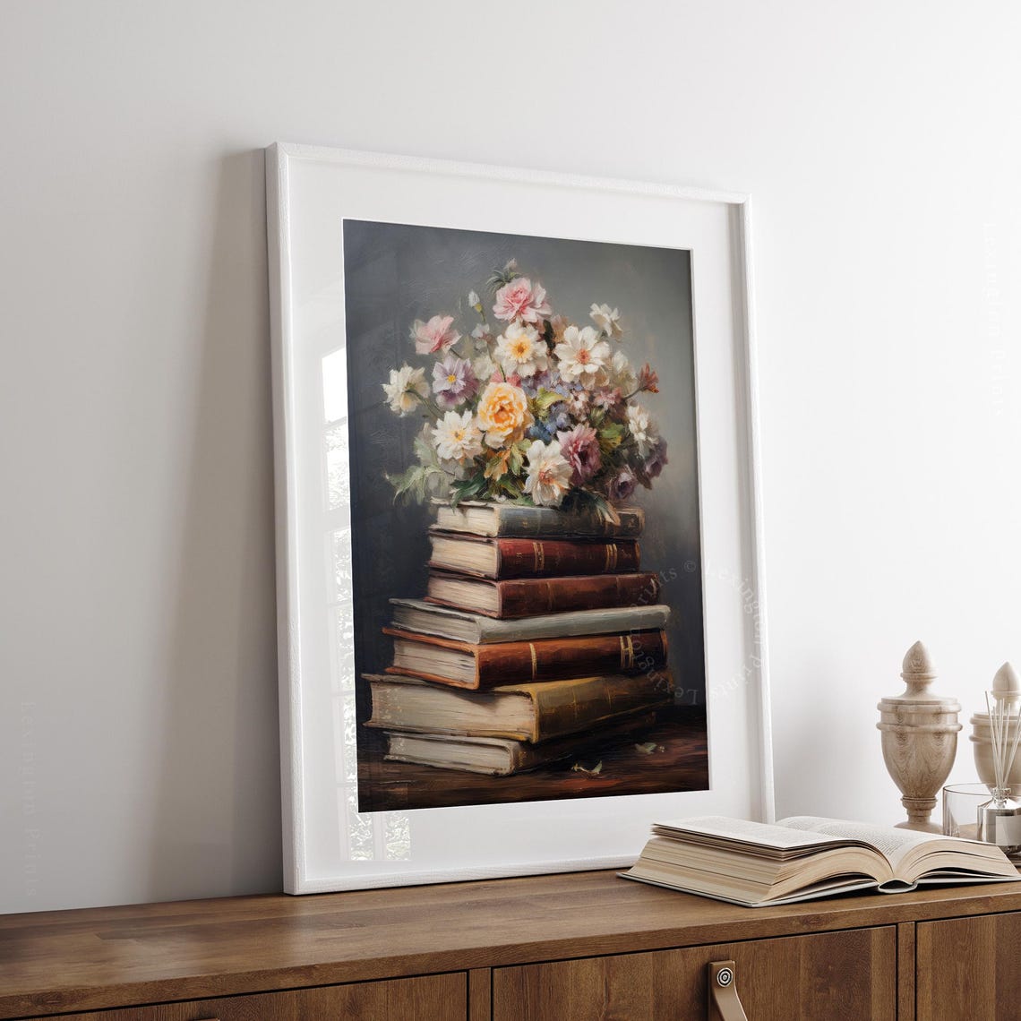 Stack of Vintage Books with Spring Flower Bouquet Still Life Poster - Image 6