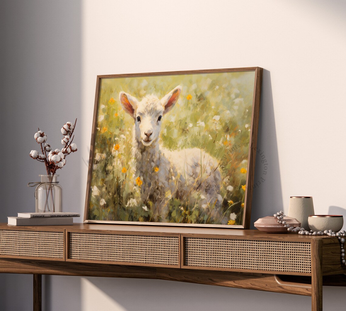 Adorable Lamb Standing in Sunny Wildflower Meadow Vintage Art Print - Image 4