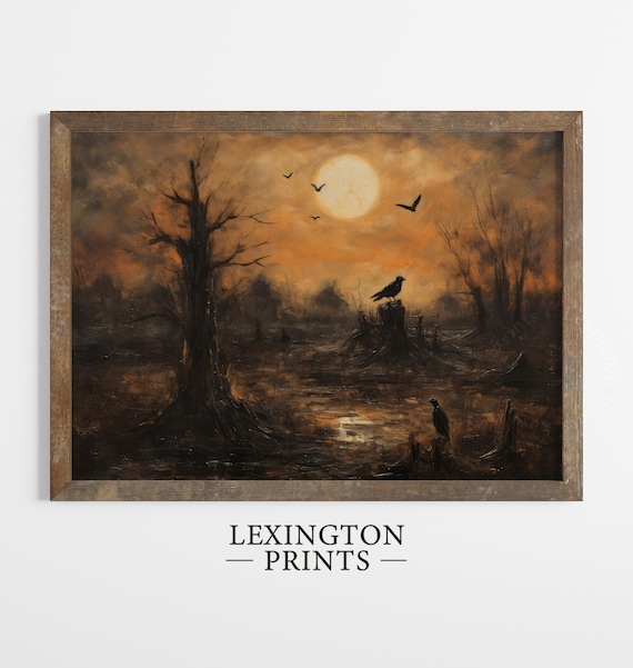Raven On Tree Stump Full Moon Autumn Marsh Bats Gothic Halloween Poster