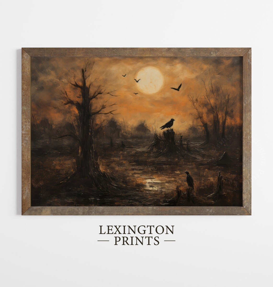 Raven On Tree Stump Full Moon Autumn Marsh Bats Gothic Halloween Poster