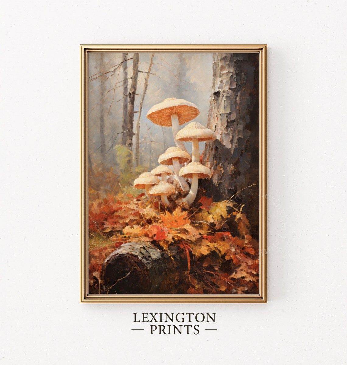 White Mushrooms by a Tree Trunk Autumn Leaves Woodland Poster - Image 3
