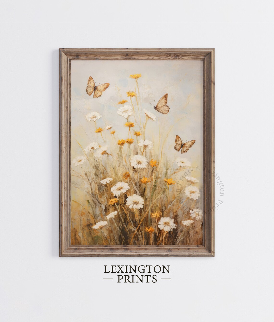 Butterflies Among White Daisies Wildflowers Soft Neutral Botanical Poster - Image 2
