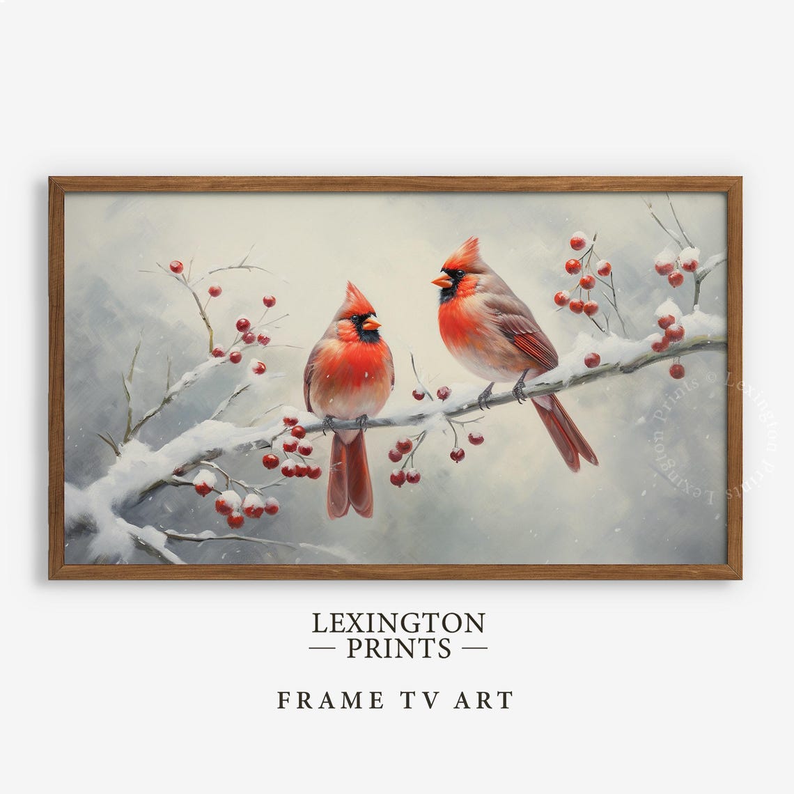 Two Red Cardinals perched on Snowy Branch Winter Bird Poster - Image 4