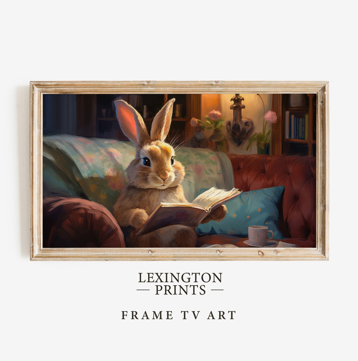 Cute Bunny Reading Book On Cozy Couch In Warm Library Scene Poster - Image 5