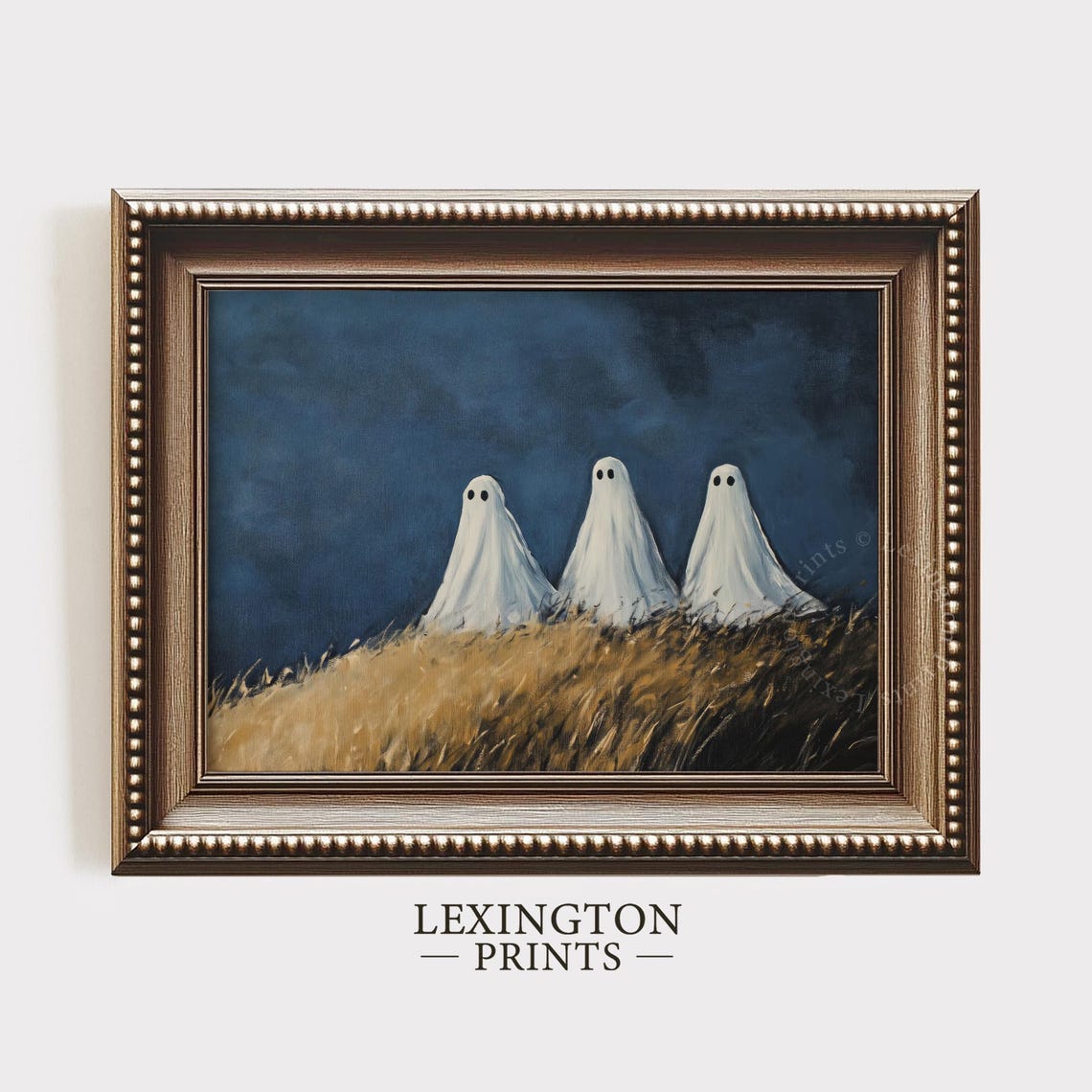 Three Little Ghosts on Grassy Hill Under Dark Blue Night Sky Poster - Image 6