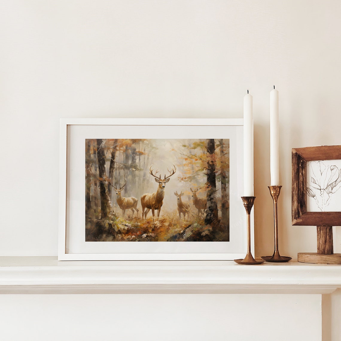 Deer Family in Misty Autumn Forest Rustic Fall Wildlife Wall Art - Image 2