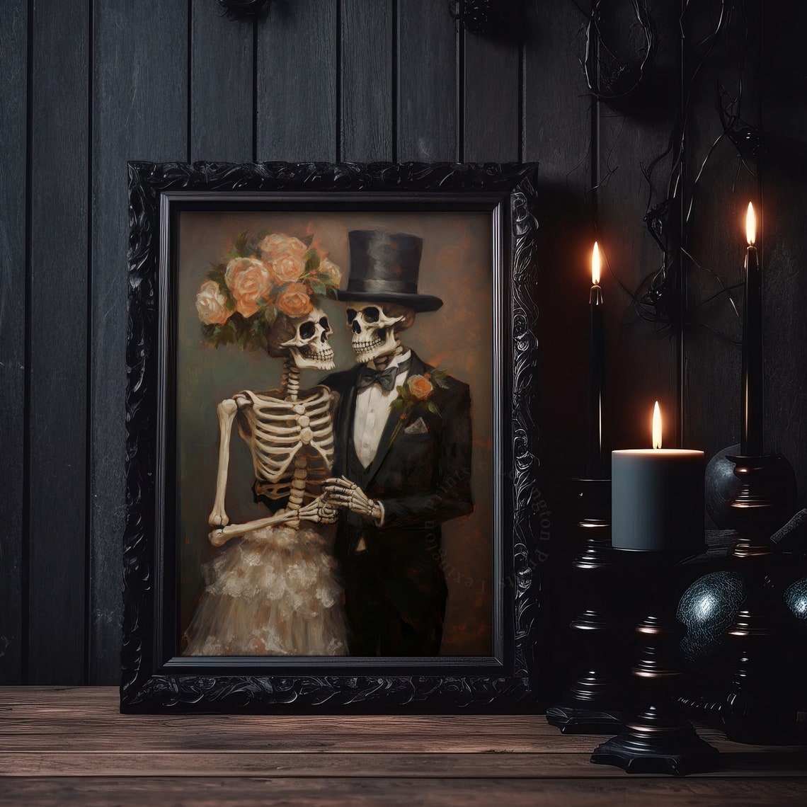Skeleton Bride and Groom Wedding Portrait Vintage Halloween Wall Art - Image 5