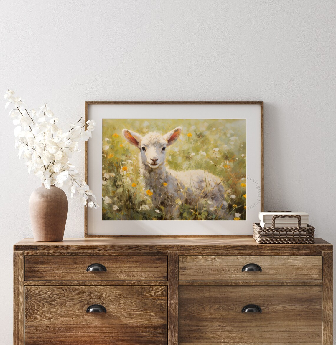 Adorable Lamb Standing in Sunny Wildflower Meadow Vintage Art Print - Image 7