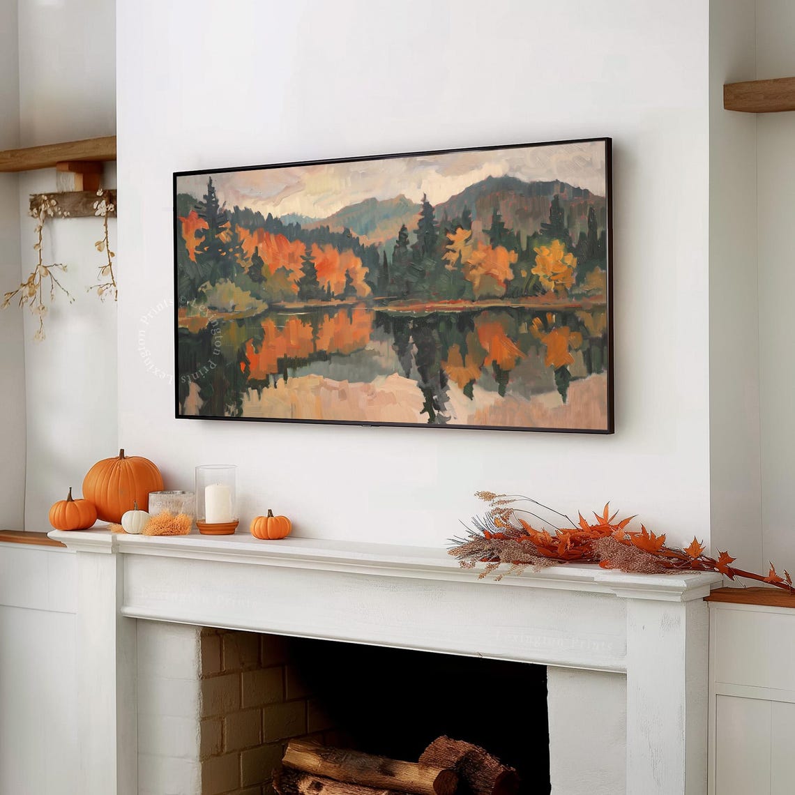 Autumn Lake Reflection Colorful Forest Mountains Painting Poster - Image 7