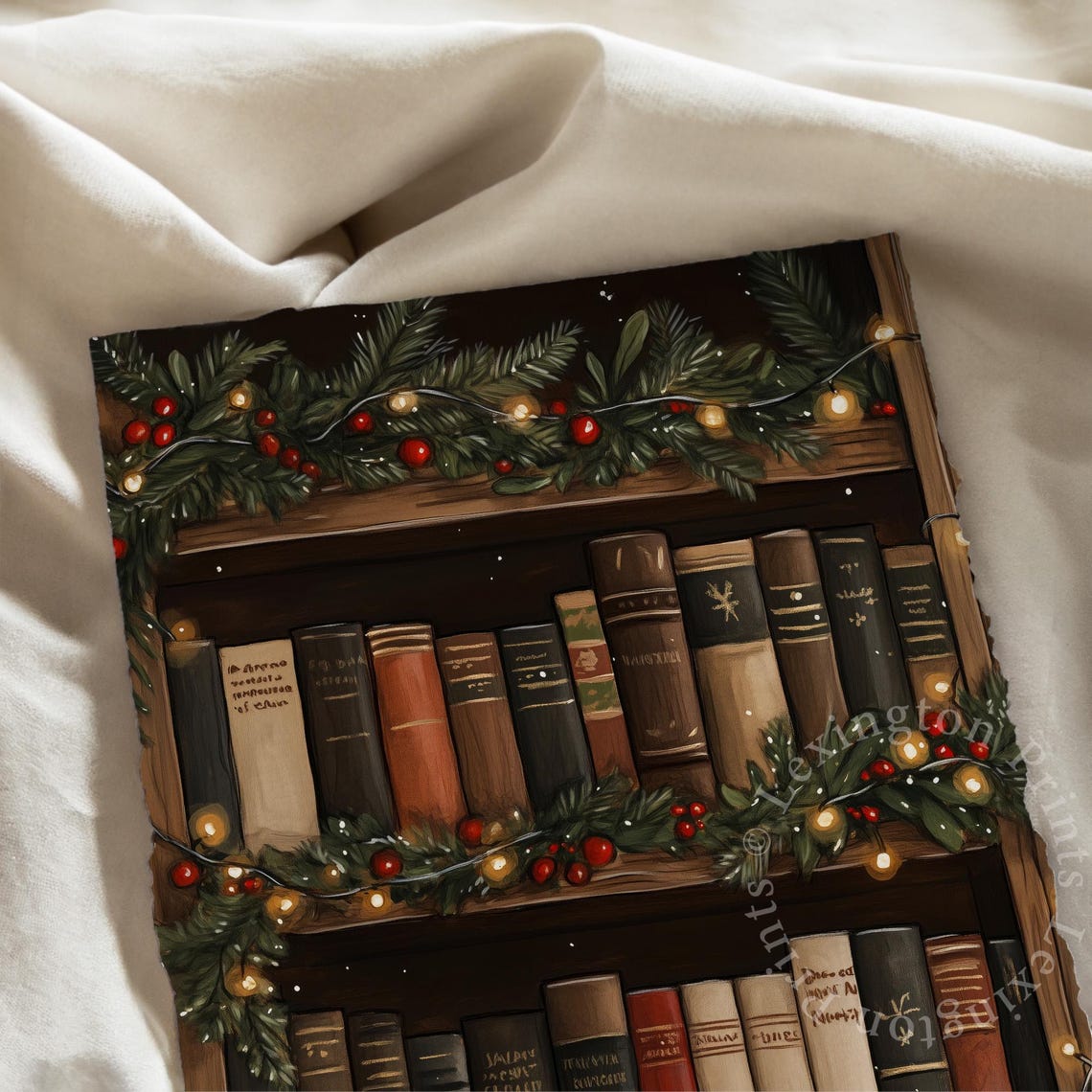 Christmas Bookshelf With Pine Garland And Twinkle Lights Cozy Poster - Image 3