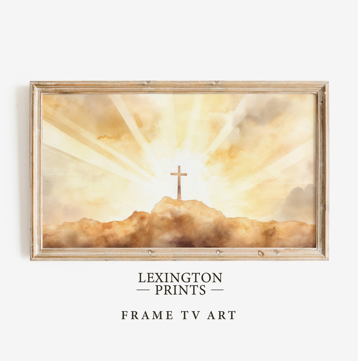 Cross On Hill Golden Sunrise Watercolor Frame TV Art Christian Poster - Image 4