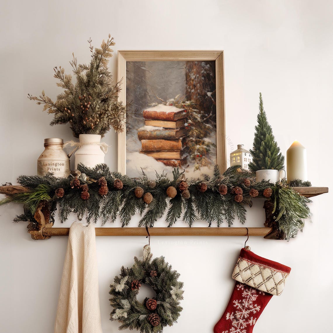 Stack Of Snow-Covered Vintage Books Beside Pine Tree Winter Poster - Image 6