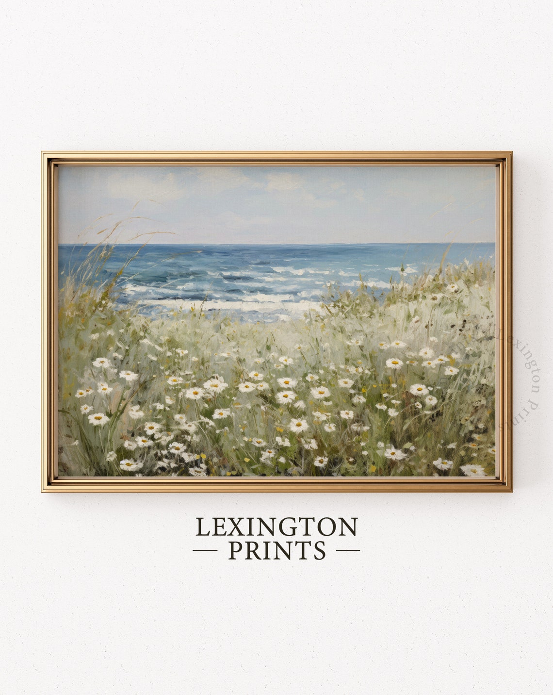 Coastal Wildflower Field Landscape Painting Vintage Coastal Print Summer Print Spring Print Floral Art Farmhouse Wall Art Sea 674