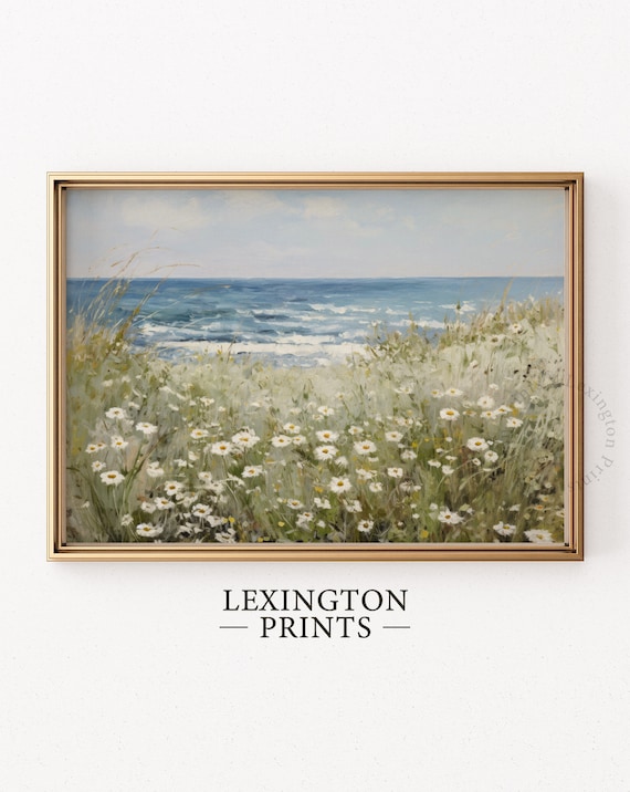Coastal Dunes with Wild Daisies Ocean View Beach Scene Poster