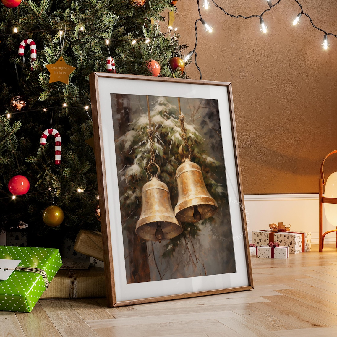 Golden Brass Bells Snowy Fir Branch Vintage Christmas Painting Poster - Image 7