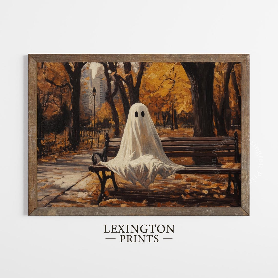 Cute Sheet Ghost on Park Bench Autumn Halloween Scene Poster - Image 3