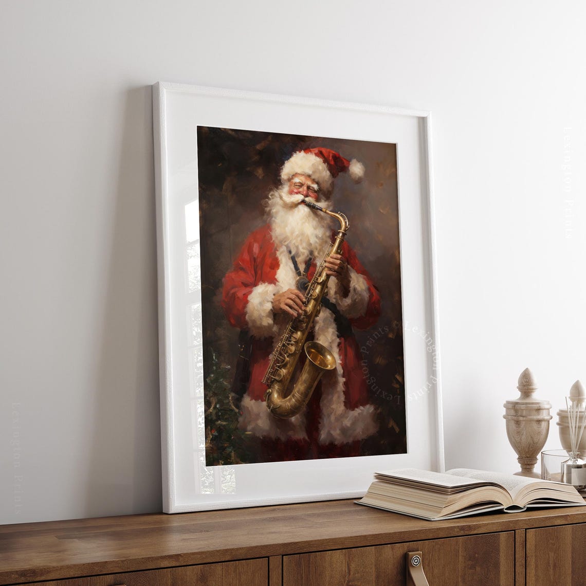 Santa Christmas Santa Playing Saxophone Christmas Wall Art Santa Vintage Christmas Rustic Winter Music Wall Art Oil Painting Art 294 - Image 3