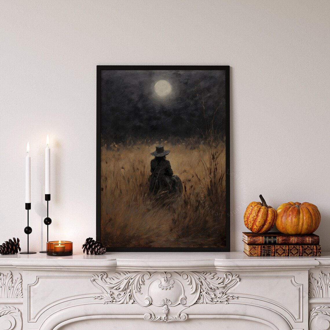 Woman in Wide Brim Hat under Full Moon in Night Field Poster - Image 8