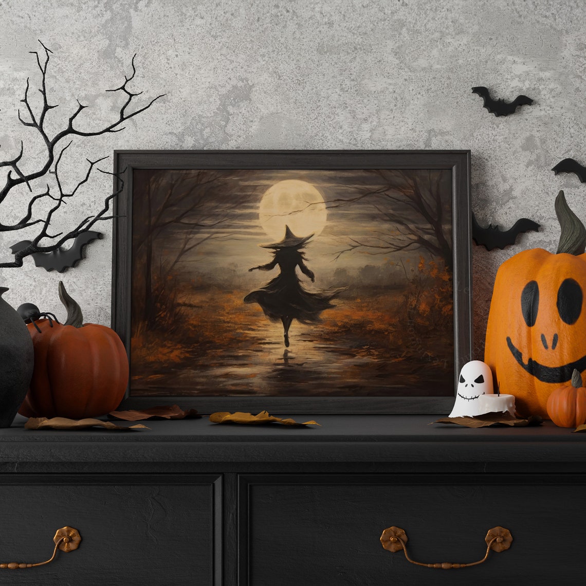 Witch Dancing Under Full Moon on Autumn Path Spooky Halloween Poster - Image 6