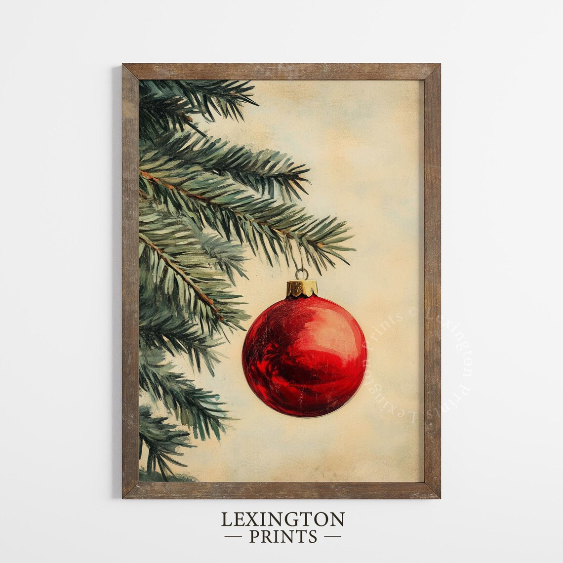 Single Red Christmas Ornament on Pine Branch Minimalist Vintage Poster - Image 3