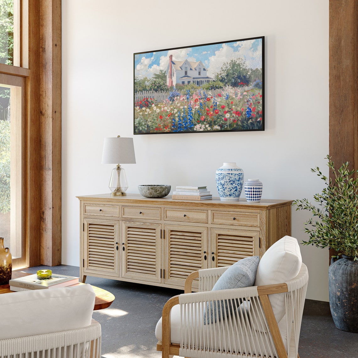 White Cottage Wildflower Garden Patriotic Red Blue Floral Poster - Image 2